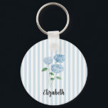 Custom Name Blue Hydrangea Painting Stripe Keychain<br><div class="desc">Enjoy our custom name Blue Hydrangea painting blue stripe keychain.</div>