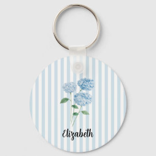 Custom Name Blue Hydrangea Painting Stripe Keychain