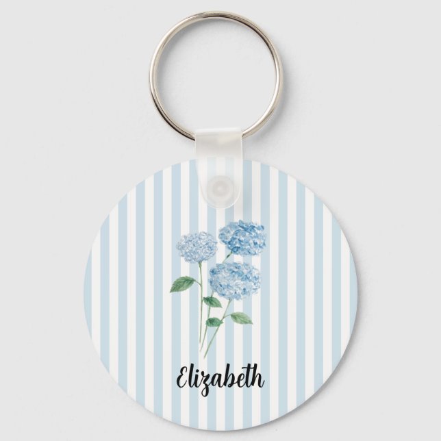 Custom Name Blue Hydrangea Painting Stripe Keychain (Front)