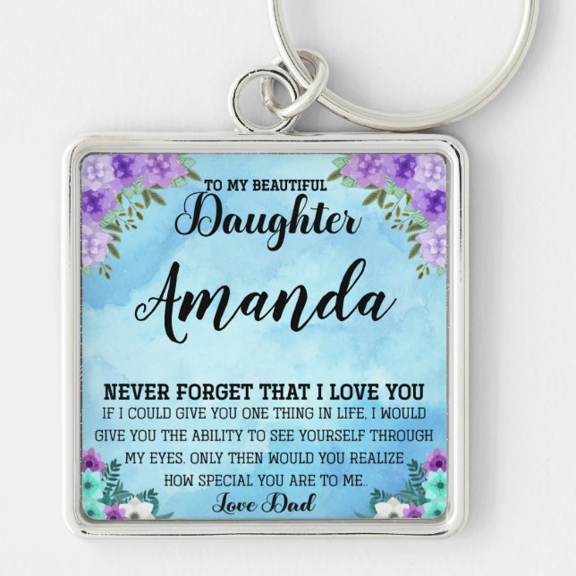 Custom Name Blue Message for Daughter from Dad Keychain (Front)