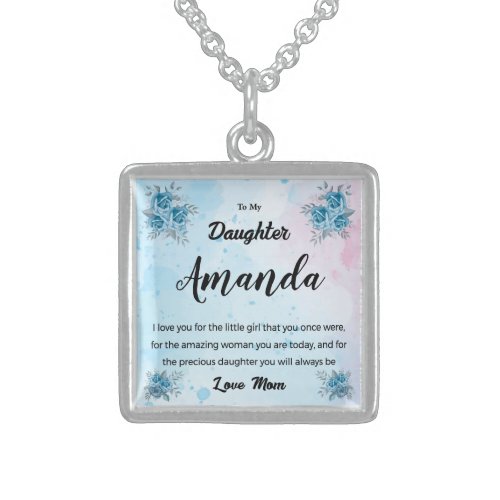 Custom Name Blue Message for Daughter from Mom Sterling Silver Necklace