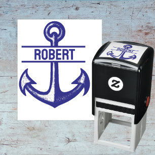 Custom Name Blue Nautical Anchor Pre Inked Stamp