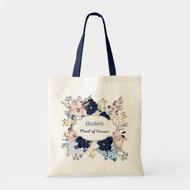 Custom Name Blue Pink Rose Bridal Tote Bag (Front)