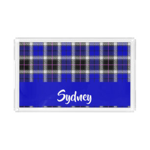 Custom name blue plaid pattern acrylic tray
