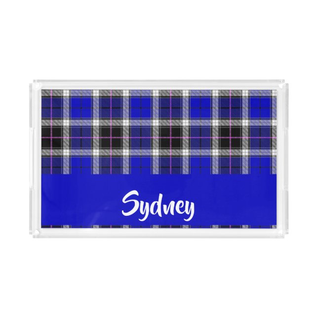 Custom name blue plaid pattern acrylic tray (Front)
