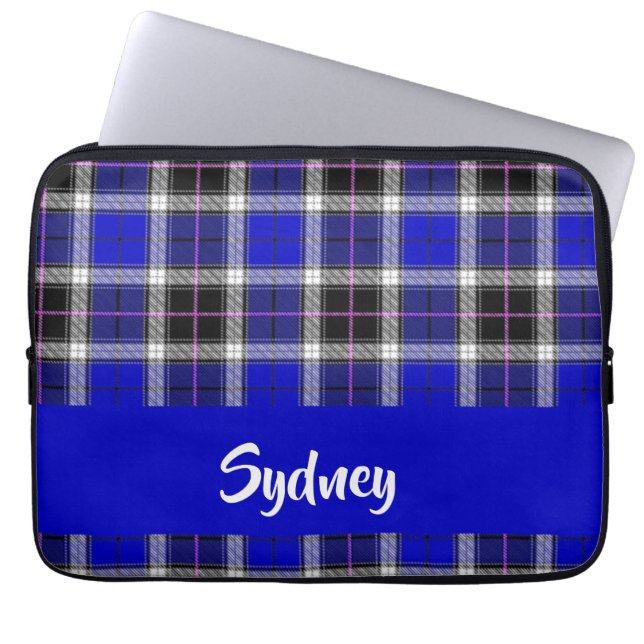 Custom name blue plaid pattern laptop sleeve (Front)