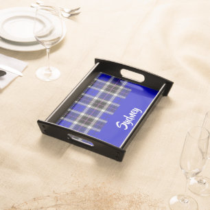 Custom name blue plaid pattern serving tray