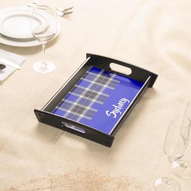 Custom name blue plaid pattern serving tray (Front)