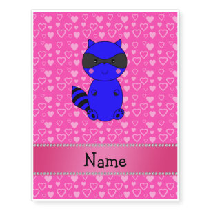 Custom name blue raccoon pink hearts temporary tattoos