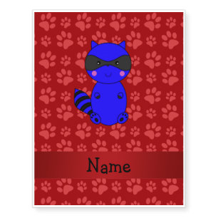 Custom name blue raccoon red paws temporary tattoos