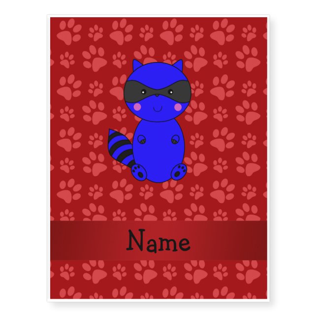 Custom name blue raccoon red paws temporary tattoos (Front)