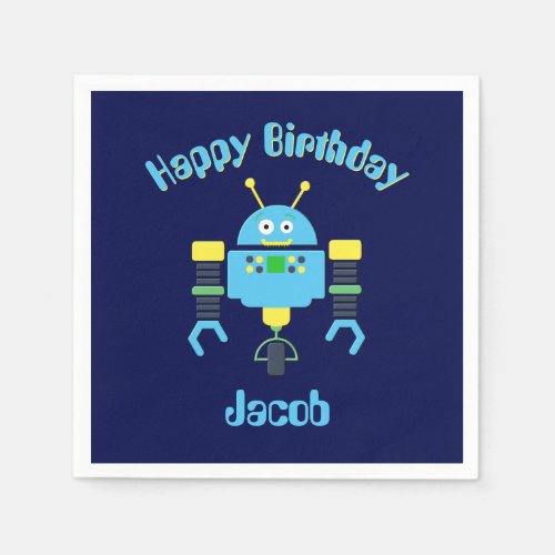 Custom Name Blue Robot Birthday Napkin