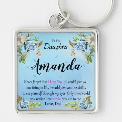 Custom Name Blue Rose Message for Daughter Keychain