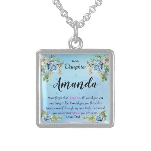 Custom Name Blue Rose Message for Daughter Sterling Silver Necklace