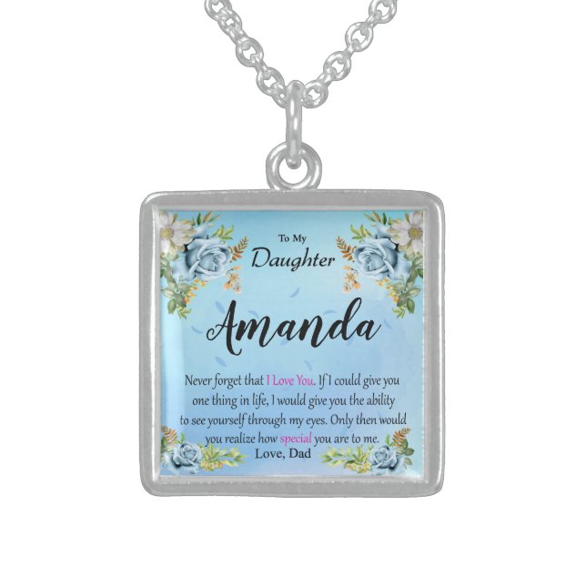 Custom Name Blue Rose Message for Daughter Sterling Silver Necklace (Front)