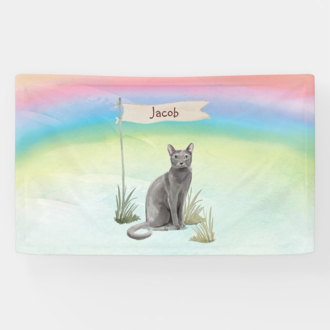 Custom Name Blue Russian Cat Pet Banner (Horizontal)