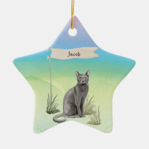 Custom Name Blue Russian Cat Pet Ceramic Ornament