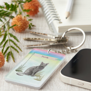 Custom Name Blue Russian Cat Pet Keychain