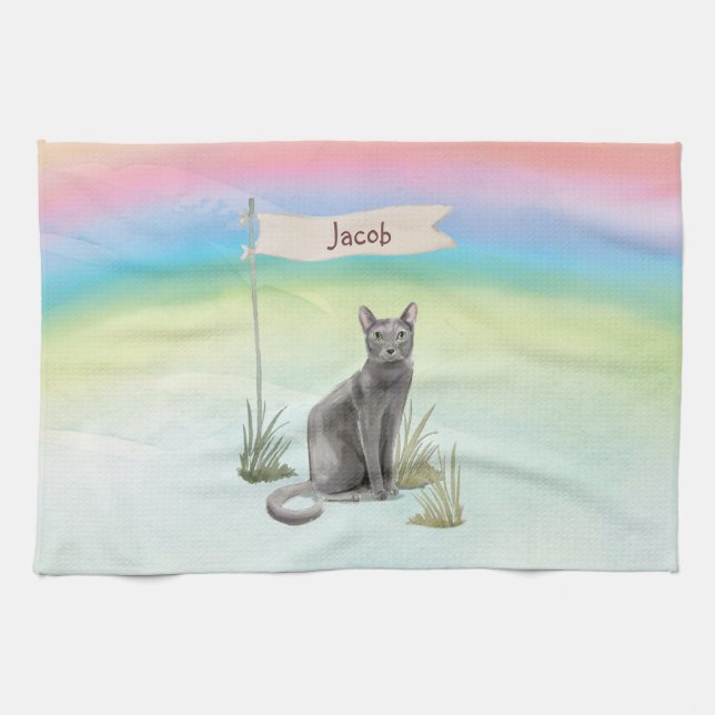 Custom Name Blue Russian Cat Pet Kitchen Towel (Horizontal)