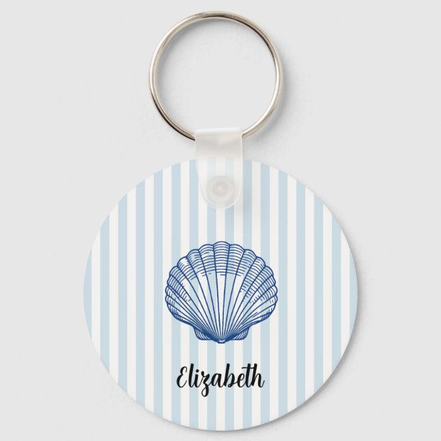 Custom Name Blue Seashell Scallop Painting Stripe Keychain (Front)