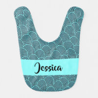 Custom name blue spiral waves baby bib