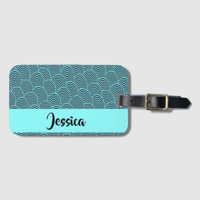 Custom name blue spiral waves luggage tag (Front Horizontal)
