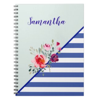Custom Name Blue Stripes & Florals Notebook