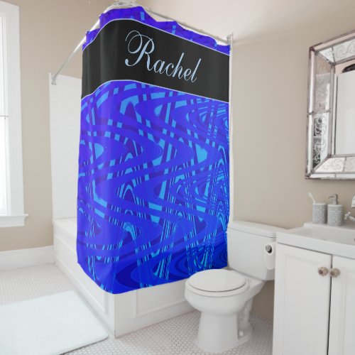 Custom Name Blue Swirls Abstract Pattern Artsy Shower Curtain