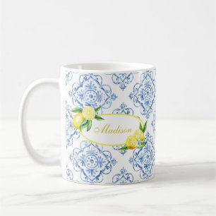Custom Name Blue Tile Italian Floral Lemon Coffee Mug