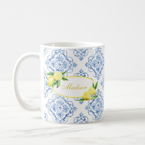 Custom Name Blue Tile Italian Floral Lemon Coffee Mug