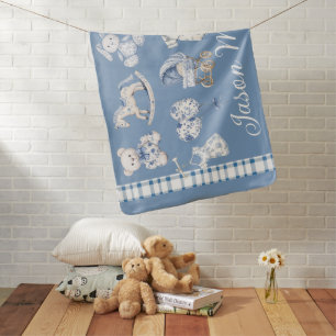 Custom Name Blue Toile Pattern Personalised Baby Blanket