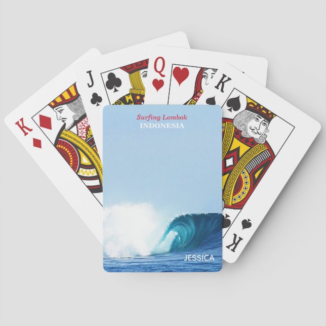 Custom Name Blue Tube Wave Surf Lombok Indonesia Poker Cards (Back)