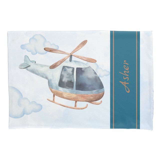 Custom Name Blue Watercolor Helicopter Boys Pillow Case (Front)