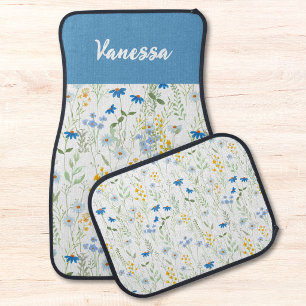 Custom Name Blue Watercolor Wildflower Pattern Car Floor Mat