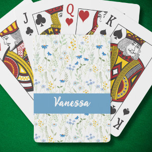 Custom Name Blue Watercolor Wildflower Pattern Poker Cards