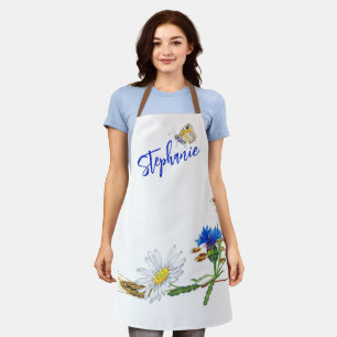 Custom Name Blue White Carnation Design Apron