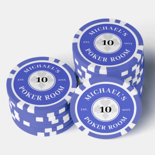 Custom Name Blue  White Las Vegas Denomination Poker Chips