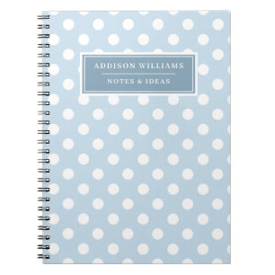 Custom Name Blue White Polka Dot Pattern Notebook