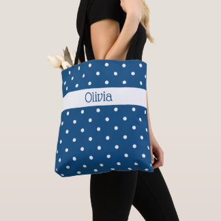 Custom Name Blue White Polka Dot Pattern Tote Bag