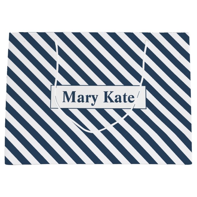 Custom Name Blue/White Stripes Large Gift Bag (Front)