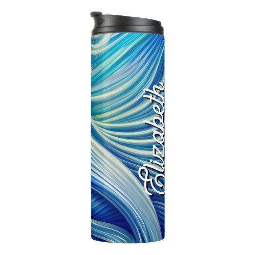 Custom Name Blue with Gold Abstract Ocean Waves Thermal Tumbler