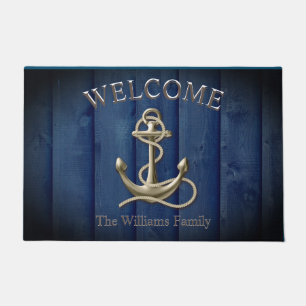 Custom Name Blue Wood Anchor Nautical Beach House Doormat