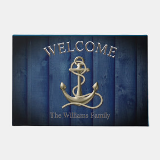 Custom Name Blue Wood Anchor Nautical Beach House Doormat