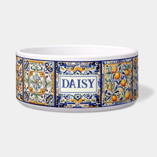 Custom Name Blue & Yellow Mediterranean Tile Bowl