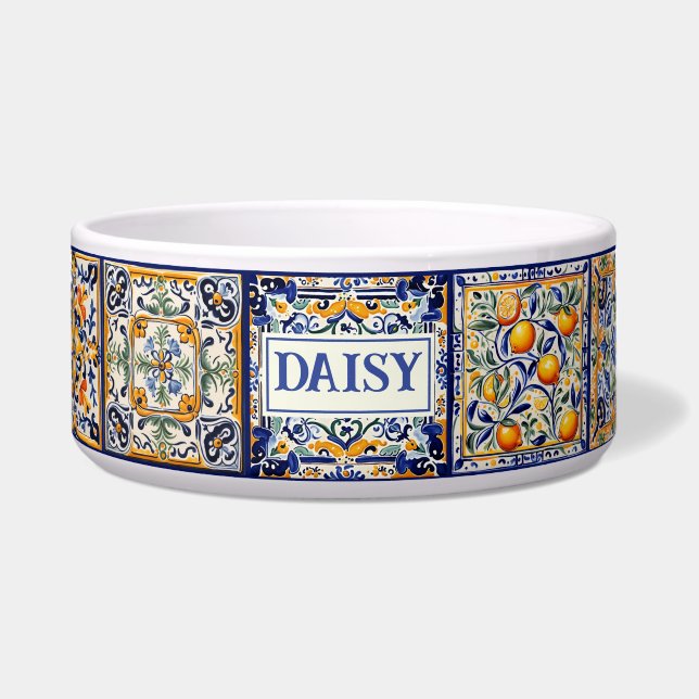 Custom Name Blue & Yellow Mediterranean Tile Bowl (Front)