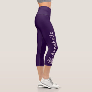 Custom Name - Blush Flower Doodle - Solid Violet Capri Leggings