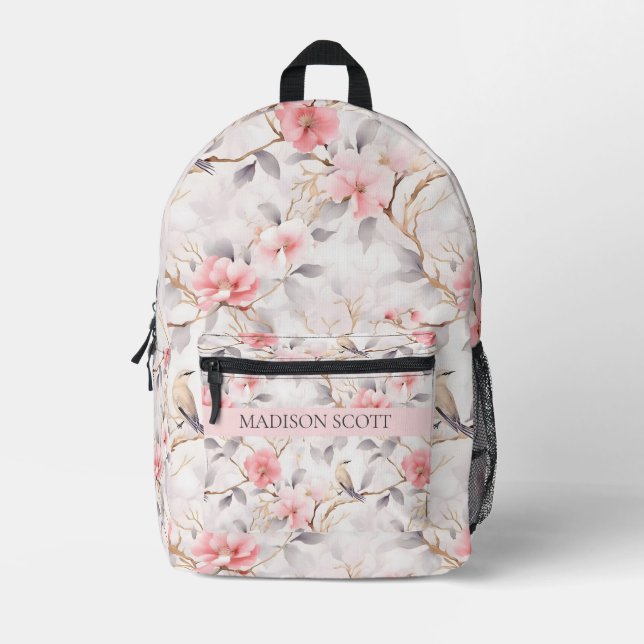 Custom Name Blush Pink Floral  Printed Backpack (Front)
