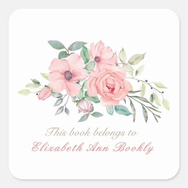 Custom Name Blush Watercolor Floral Bookplate (Front)