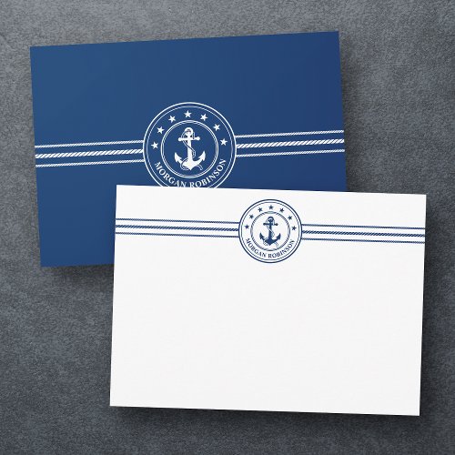 Custom Name Boat Anchor Nautical Stars Rope Navy Note Card