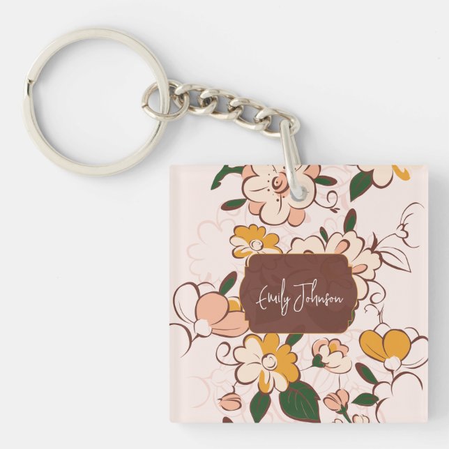 Custom Name Bohemian Peach Floral Script Name Keychain (Front)